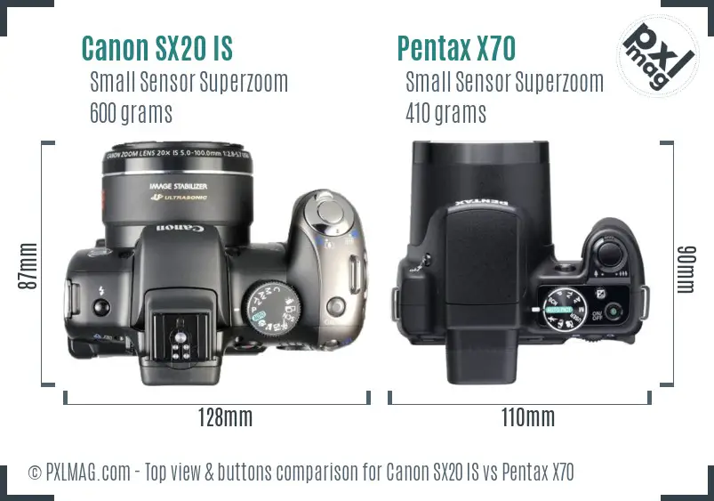 Canon SX20 IS vs Pentax X70 top view buttons comparison