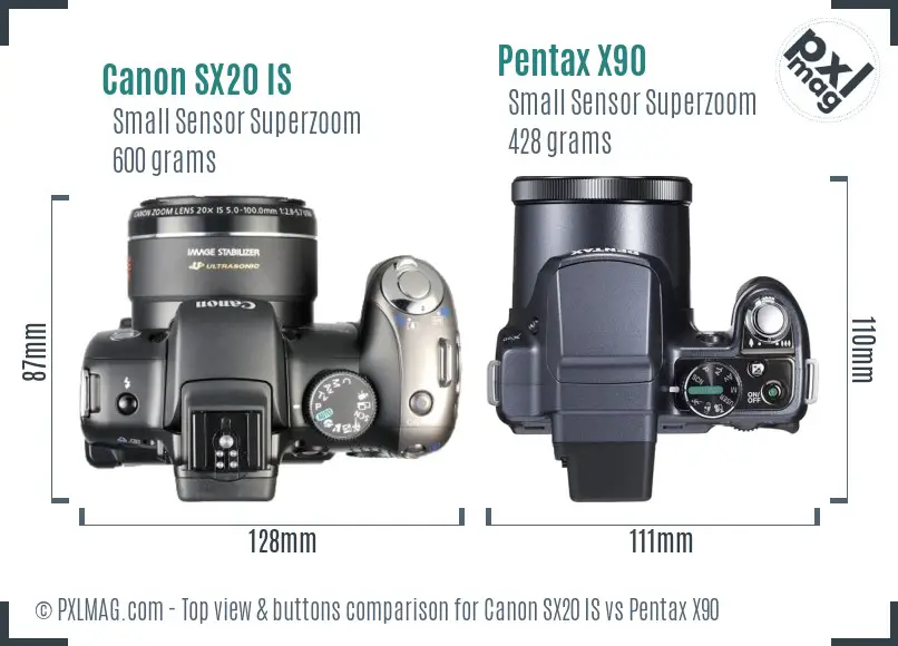 Canon SX20 IS vs Pentax X90 top view buttons comparison Canon SX20 IS vs Pentax X90 top view buttons comparison