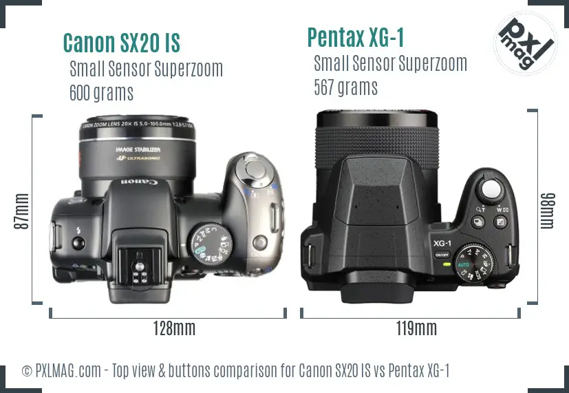Canon SX20 IS vs Pentax XG-1 top view buttons comparison