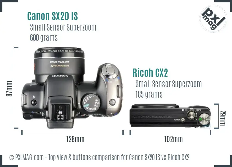 Canon SX20 IS vs Ricoh CX2 top view buttons comparison