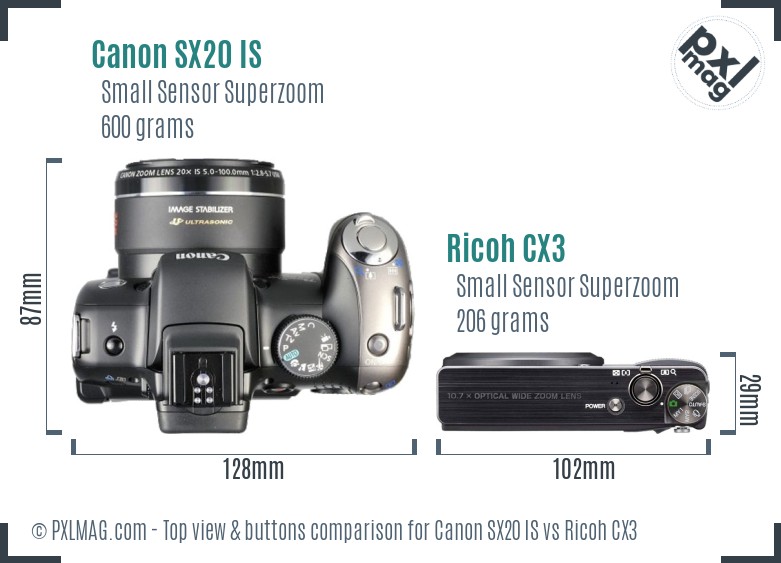 Canon SX20 IS vs Ricoh CX3 top view buttons comparison