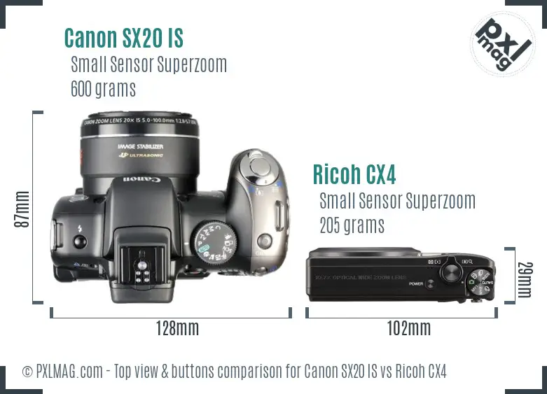 Canon SX20 IS vs Ricoh CX4 top view buttons comparison