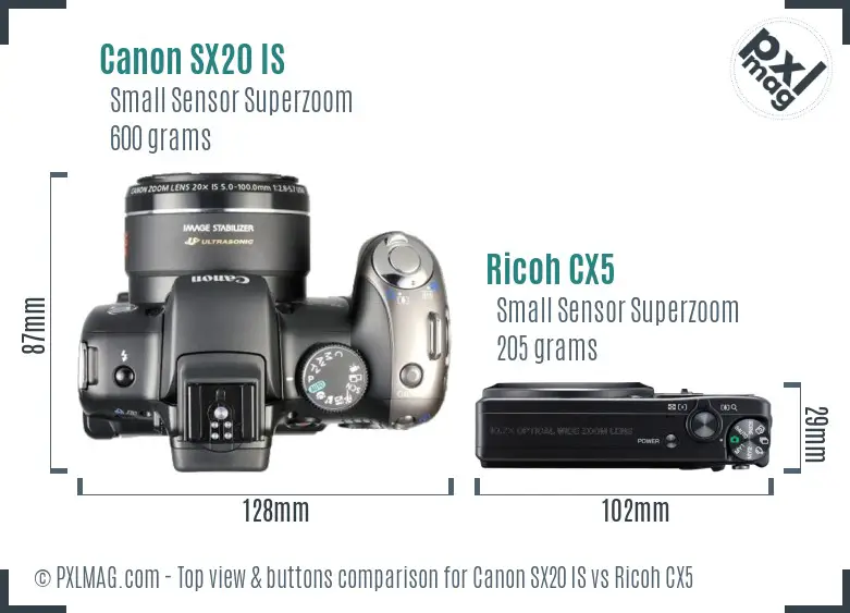 Canon SX20 IS vs Ricoh CX5 top view buttons comparison