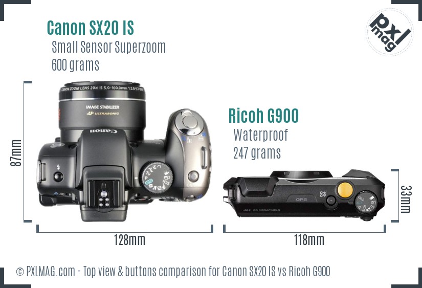 Canon SX20 IS vs Ricoh G900 top view buttons comparison