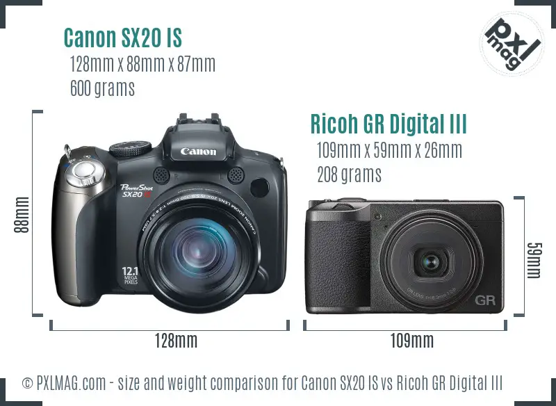 Canon SX20 IS vs Ricoh GR Digital III size comparison Canon SX20 IS vs Ricoh GR Digital III size comparison