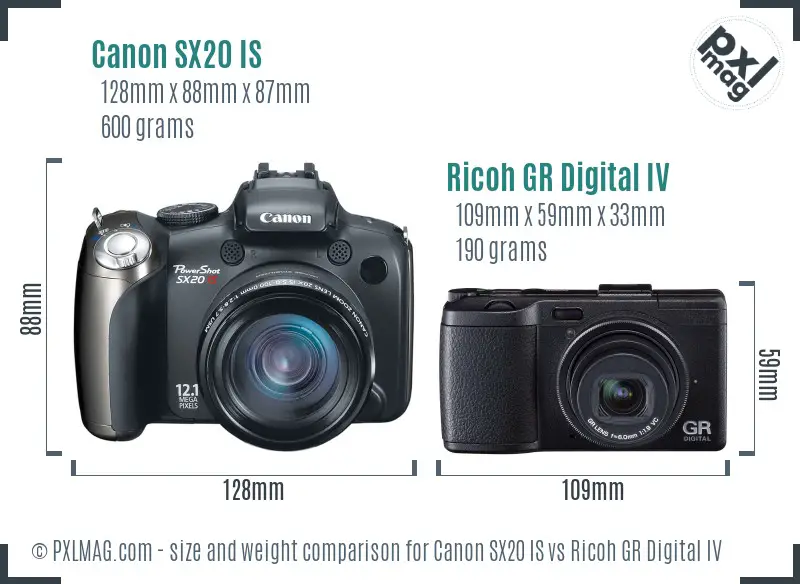 Canon SX20 IS vs Ricoh GR Digital IV size comparison