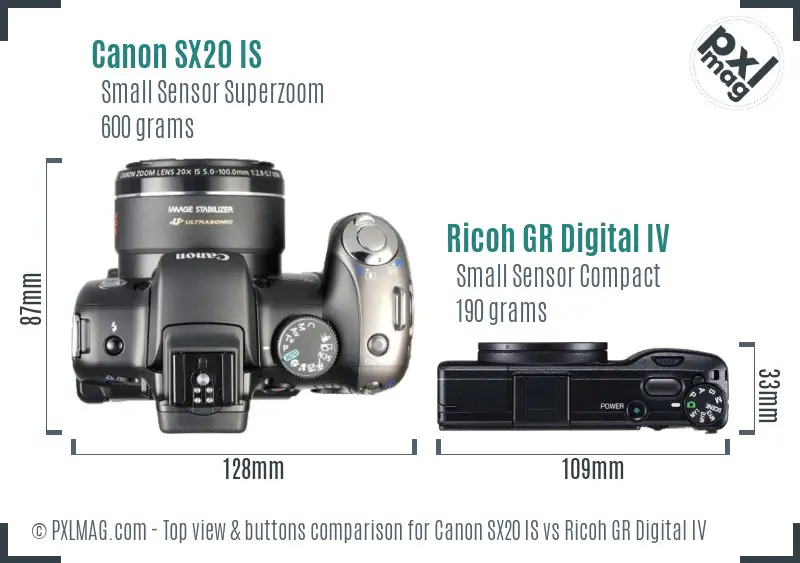 Canon SX20 IS vs Ricoh GR Digital IV top view buttons comparison