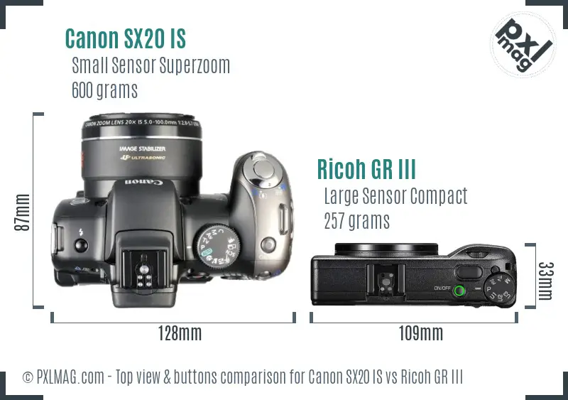 Canon SX20 IS vs Ricoh GR III top view buttons comparison Canon SX20 IS vs Ricoh GR III top view buttons comparison