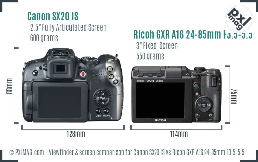 Canon SX20 IS vs Ricoh GXR A16 24-85mm F3.5-5.5 Screen and Viewfinder comparison