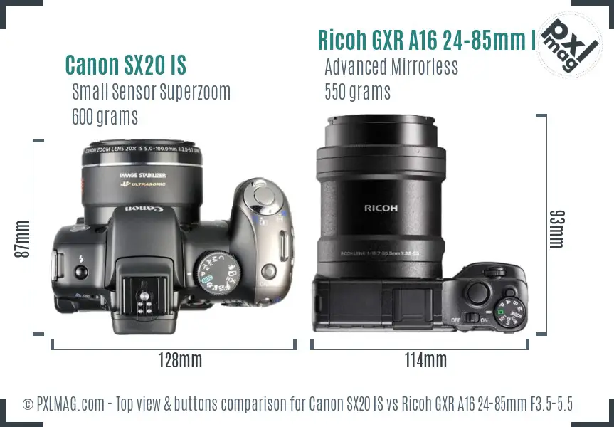 Canon SX20 IS vs Ricoh GXR A16 24-85mm F3.5-5.5 top view buttons comparison