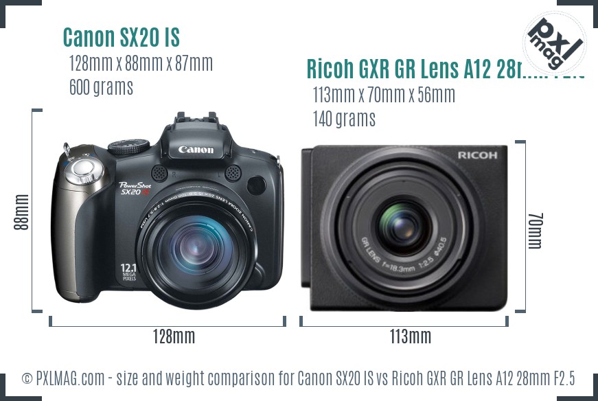 Canon SX20 IS vs Ricoh GXR GR Lens A12 28mm F2.5 size comparison Canon SX20 IS vs Ricoh GXR GR Lens A12 28mm F2.5 size comparison