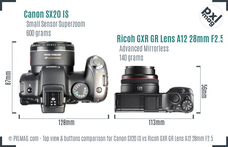 Canon SX20 IS vs Ricoh GXR GR Lens A12 28mm F2.5 top view buttons comparison