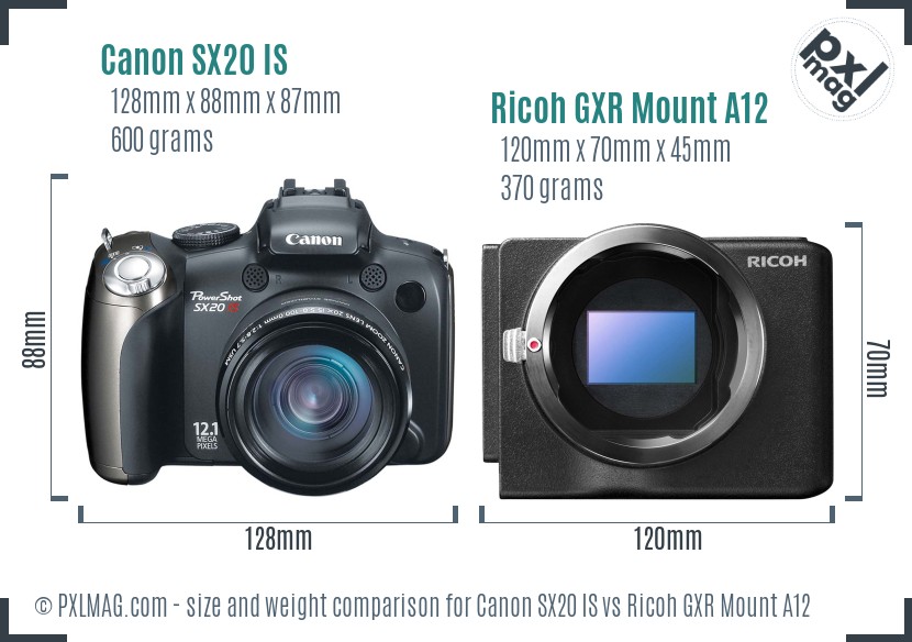 Canon SX20 IS vs Ricoh GXR Mount A12 size comparison Canon SX20 IS vs Ricoh GXR Mount A12 size comparison