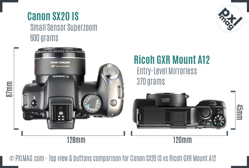 Canon SX20 IS vs Ricoh GXR Mount A12 top view buttons comparison
