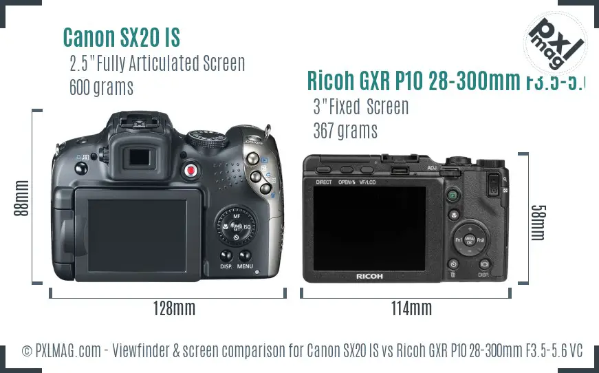 Canon SX20 IS vs Ricoh GXR P10 28-300mm F3.5-5.6 VC Screen and Viewfinder comparison