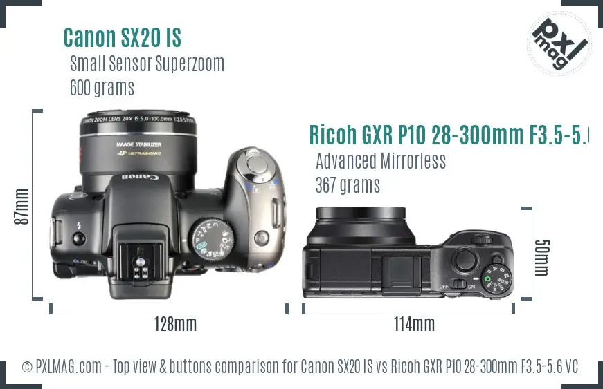 Canon SX20 IS vs Ricoh GXR P10 28-300mm F3.5-5.6 VC top view buttons comparison