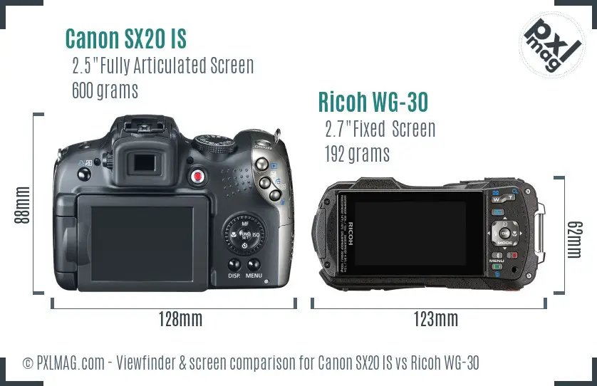 Canon SX20 IS vs Ricoh WG-30 Screen and Viewfinder comparison