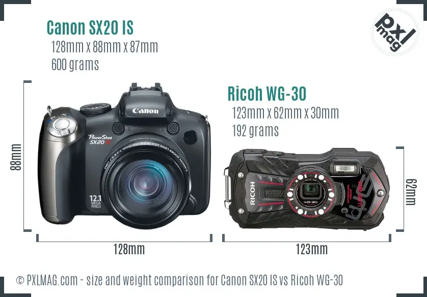 Canon SX20 IS vs Ricoh WG-30 size comparison