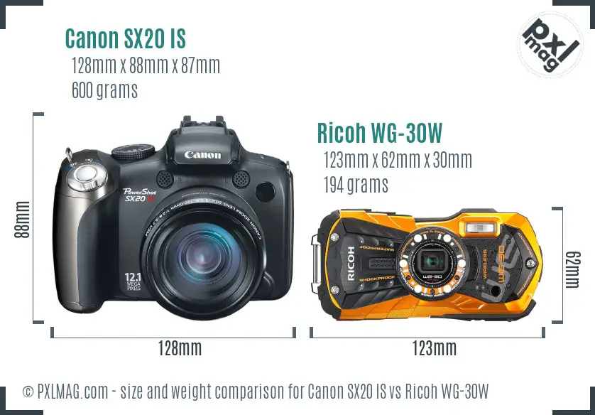 Canon SX20 IS vs Ricoh WG-30W size comparison Canon SX20 IS vs Ricoh WG-30W size comparison