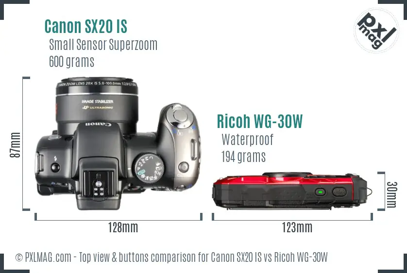 Canon SX20 IS vs Ricoh WG-30W top view buttons comparison Canon SX20 IS vs Ricoh WG-30W top view buttons comparison