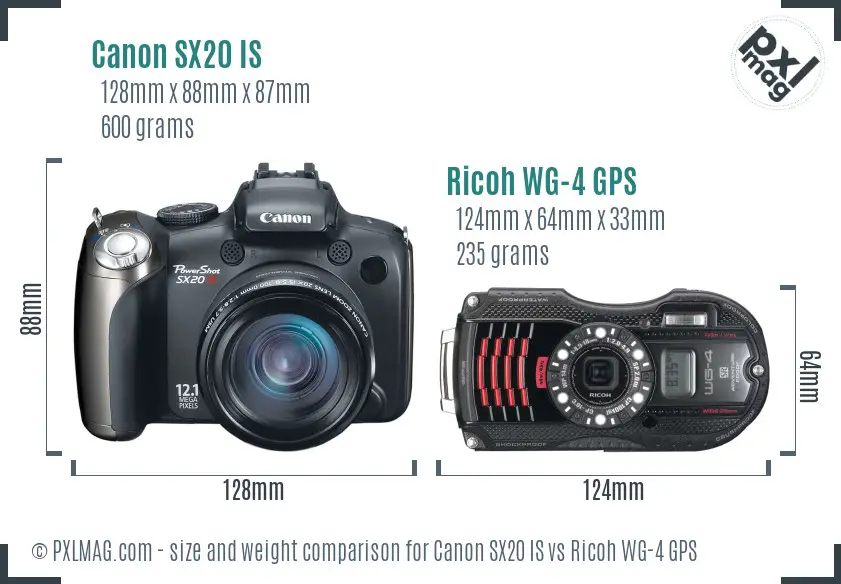 Canon SX20 IS vs Ricoh WG-4 GPS size comparison Canon SX20 IS vs Ricoh WG-4 GPS size comparison