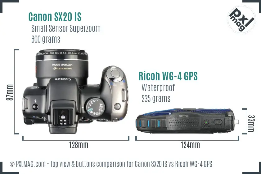 Canon SX20 IS vs Ricoh WG-4 GPS top view buttons comparison