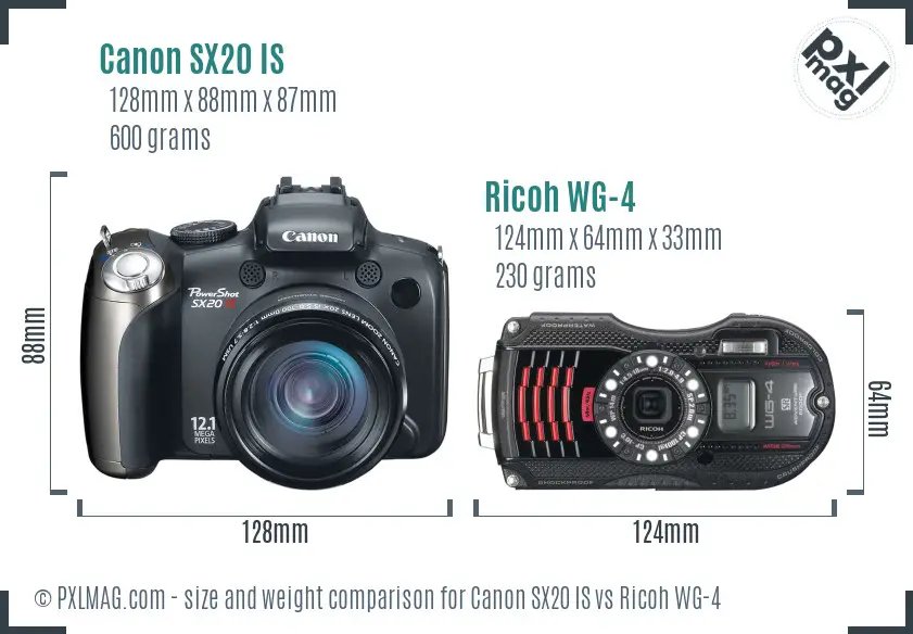 Canon SX20 IS vs Ricoh WG-4 size comparison