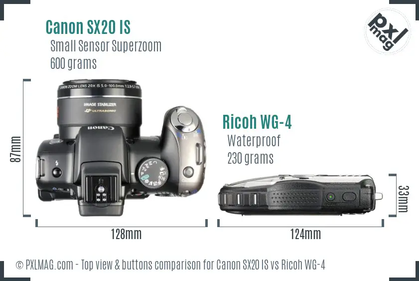 Canon SX20 IS vs Ricoh WG-4 top view buttons comparison