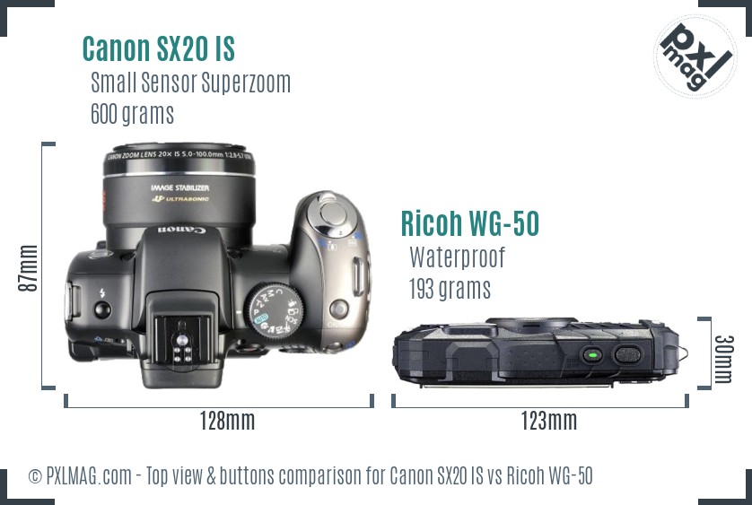 Canon SX20 IS vs Ricoh WG-50 top view buttons comparison