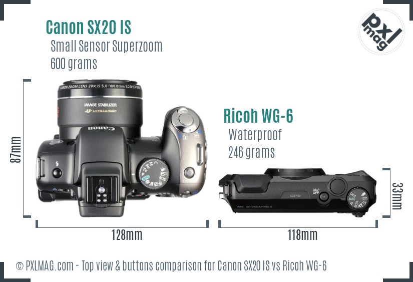 Canon SX20 IS vs Ricoh WG-6 top view buttons comparison