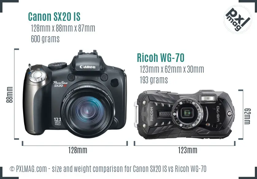 Canon SX20 IS vs Ricoh WG-70 size comparison