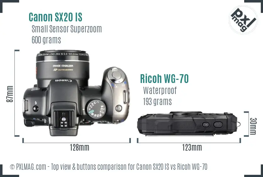 Canon SX20 IS vs Ricoh WG-70 top view buttons comparison