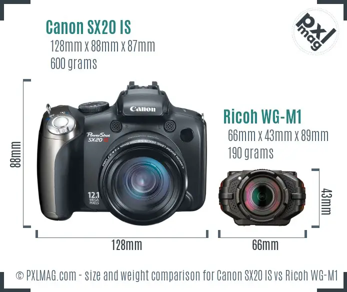 Canon SX20 IS vs Ricoh WG-M1 size comparison