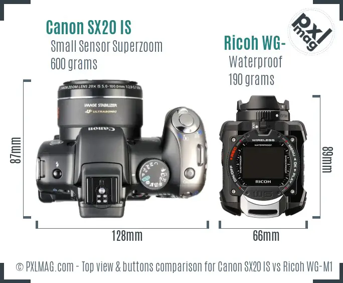 Canon SX20 IS vs Ricoh WG-M1 top view buttons comparison