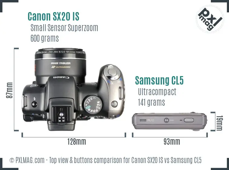 Canon SX20 IS vs Samsung CL5 top view buttons comparison