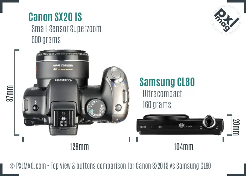 Canon SX20 IS vs Samsung CL80 top view buttons comparison Canon SX20 IS vs Samsung CL80 top view buttons comparison