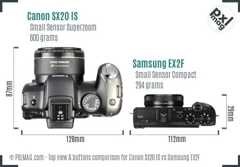Canon SX20 IS vs Samsung EX2F top view buttons comparison