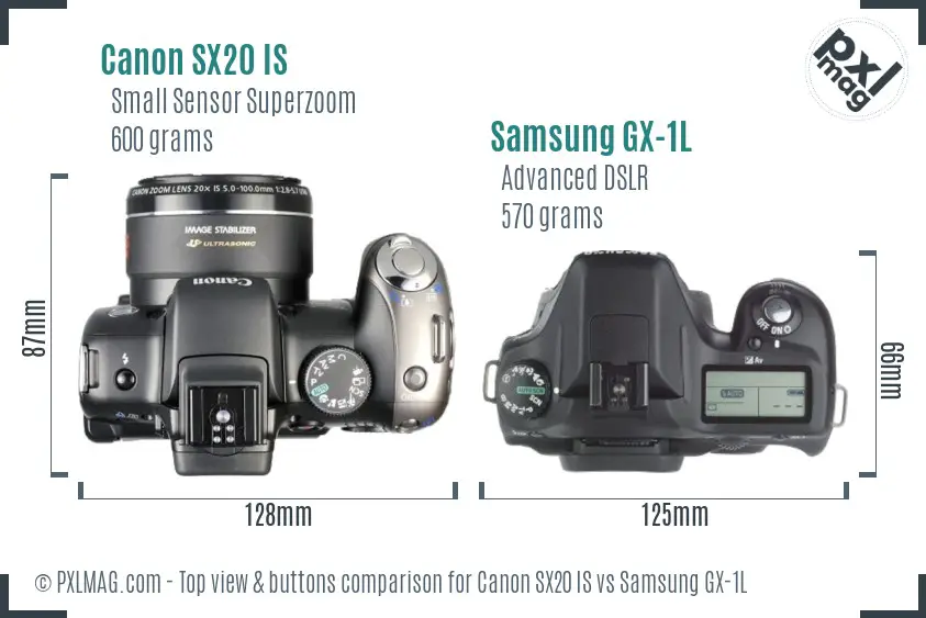 Canon SX20 IS vs Samsung GX-1L top view buttons comparison