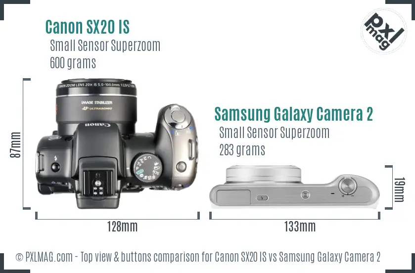 Canon SX20 IS vs Samsung Galaxy Camera 2 top view buttons comparison Canon SX20 IS vs Samsung Galaxy Camera 2 top view buttons comparison