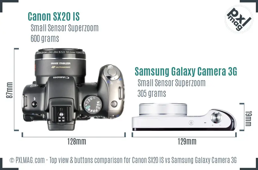 Canon SX20 IS vs Samsung Galaxy Camera 3G top view buttons comparison