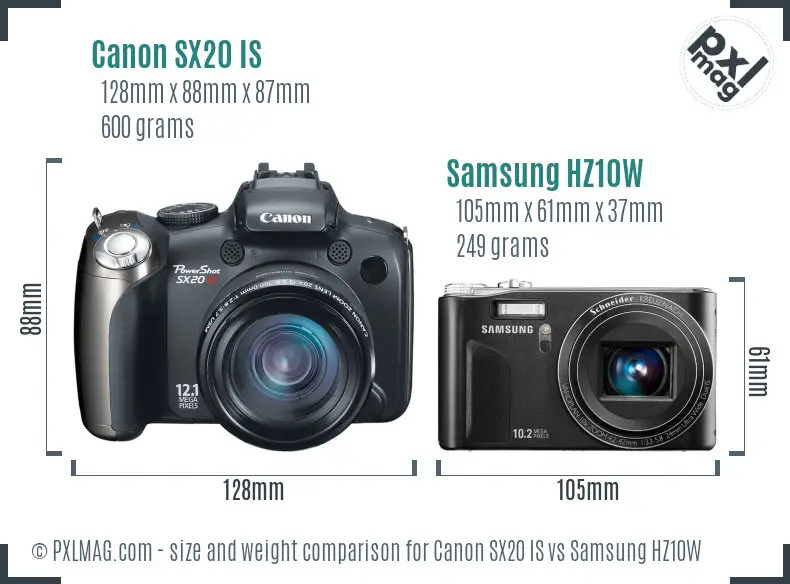 Canon SX20 IS vs Samsung HZ10W size comparison