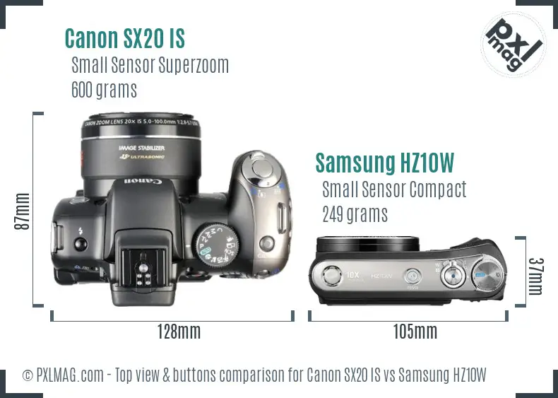 Canon SX20 IS vs Samsung HZ10W top view buttons comparison