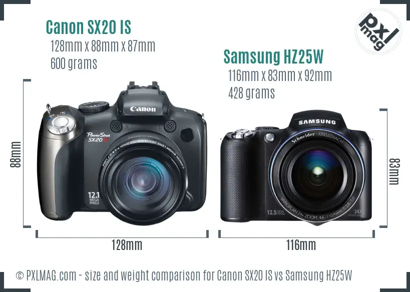 Canon SX20 IS vs Samsung HZ25W size comparison Canon SX20 IS vs Samsung HZ25W size comparison