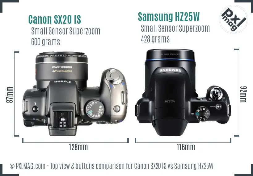 Canon SX20 IS vs Samsung HZ25W top view buttons comparison Canon SX20 IS vs Samsung HZ25W top view buttons comparison