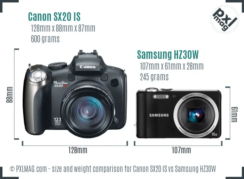 Canon SX20 IS vs Samsung HZ30W size comparison