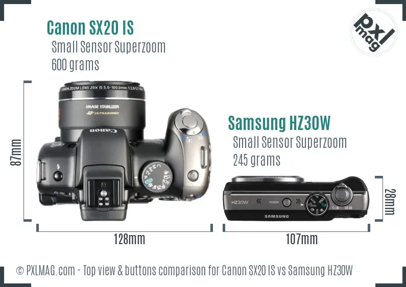 Canon SX20 IS vs Samsung HZ30W top view buttons comparison