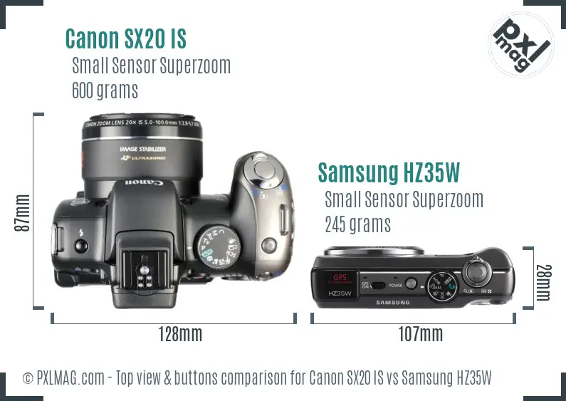Canon SX20 IS vs Samsung HZ35W top view buttons comparison