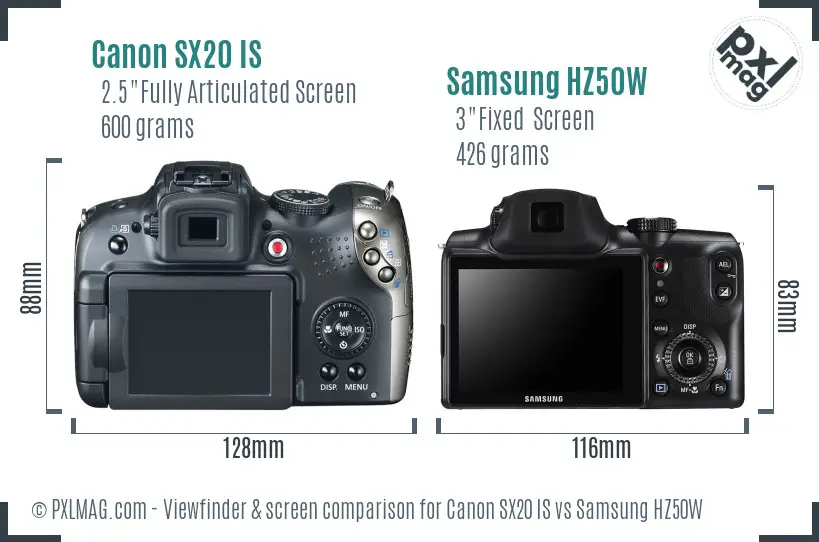 Canon SX20 IS vs Samsung HZ50W Screen and Viewfinder comparison