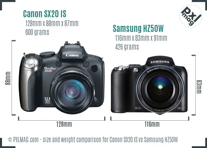 Canon SX20 IS vs Samsung HZ50W size comparison