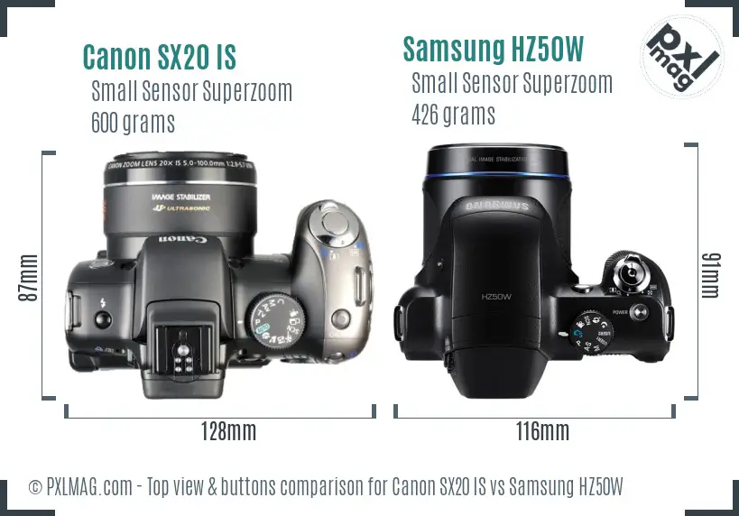 Canon SX20 IS vs Samsung HZ50W top view buttons comparison